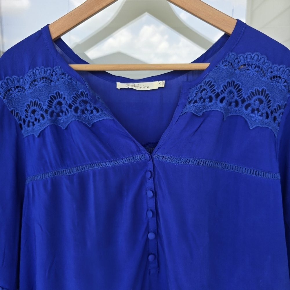 Solitaire Eyelet Tunic Lace Top 1X Plus Blue Women's 3/4 Sleeve - Picture 3 of 16